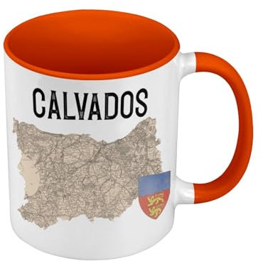 Fabulous Mug de Couleur Qualité Premium Orange - Calvados 14 Département Caen Carte Ancienne Normandie - Tasse avec anse et intérieur de couleur