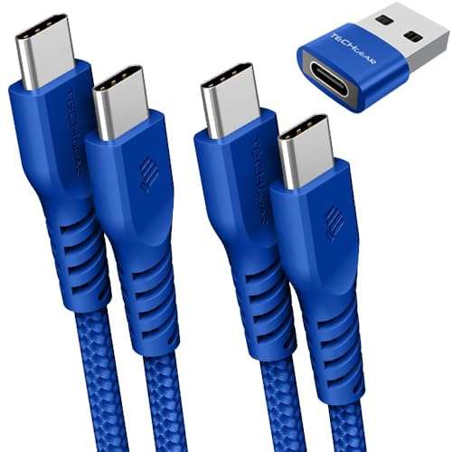 TECHGEAR Cavo di ricarica da USB C a USB C, 60 W (1 m + 2 m + adattatore) cavo intrecciato da C a C, cavo dati di tipo C per ricarica rapida, compatibile con i