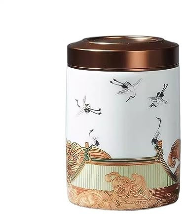 Ceramic Food Jar Crane Pattern Tea Caddy Metal Lid Sealed Canister Puerh Black Green Tea Storage Tea Box Small Tea Accessories Tea Canister Pantry Storage Containers (A)