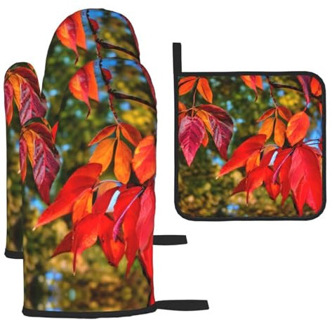 Set di 3 guanti da forno e presine con foglie rosse autunnali e presine, resistenti al calore, guanti da forno per cucina, barbecue, regali