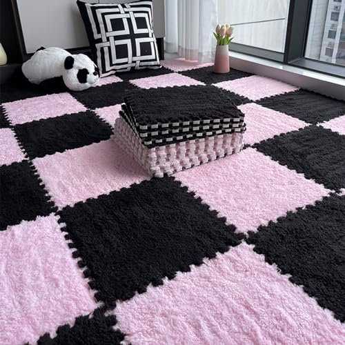20 Fliesen 12x12 Zoll Puzzleteil-Teppich,Ineinandergreifende Bodenmatte Aus Plüschschaum,0,4 Zoll Dicker Quadratischer Schaumstoff Schutzmatten,Zum Verlegen Kleiner Flächen(Color:Schwarz + Rosa)