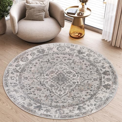 TAPISO Valley Rund Teppich Kurzflor Vintage Hellgrau Rosette 200 x 200 cm | Ornamental Meliert Used Effekt Wohnzimmer Schlafzimmer OEKO-TEX