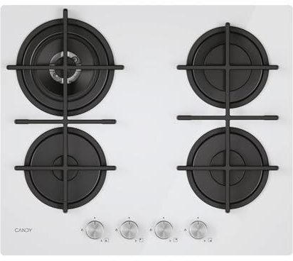 Candy Moderna placa de cocción a gas de 4 fuegos, cristal templado, quemador de doble corona, rejillas lavables en lavavajillas, altura x anchura 0,8 x 59,5 x 51 cm, color blanco – CVG6BR4WTW