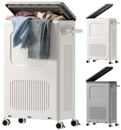 HAIXIN Plastic Laundry Basket with Lid - 50L Washing Basket with Wheels and Handle, Slim Dirty Clothes Basket 1 Pack, Large Laundry Hamper, Laundry Bin for Bathroom Bedroom Narrow Storage(Milk Grey)