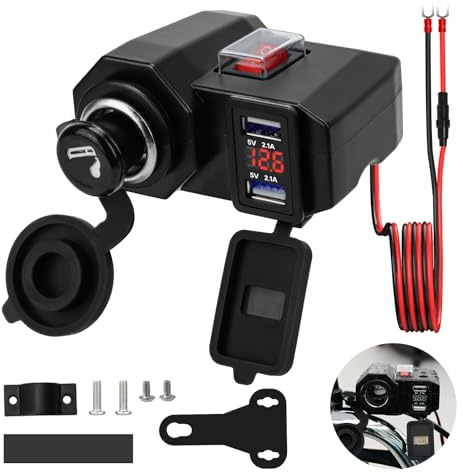 BlueFire 5V/2.1A Dual USB Charger Socket Waterproof Motorcycle Handlebar Clamp Power Adapter Charger USB Charging System with Cigarette Lighter Socket and Voltmeter for Phones/Tablets/GPS
