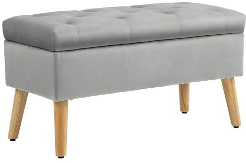 HOMCOM Sitzbank mit Stauraum, Polsterbank mit Deckel, Bettbank mit Samtoptik, für Flur Schlafzimmer Wohnzimmer, Gummiholz 80 x 35 x 42 cm Grau