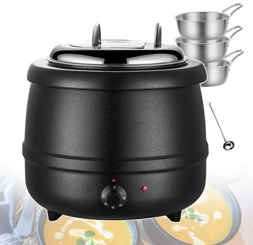 forplubossmmp Hervidor De Sopa Eléctrico De Acero Inoxidable con 1 Cuchara Sopera Y 3 Tazones, Estufa Eléctrica para Sopa De 35 A 80 ℃, Calentador Tipo Bufé De Gran Capacidad para Uso Comercial,Black