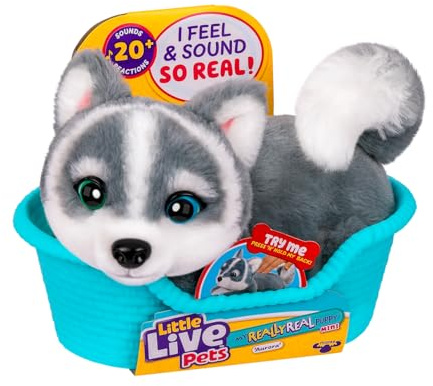Little Live Pets My Really Real Puppy Mini Aurora The Husky, Interactive Plush Toy with Display Basket, 20+ Sounds and Reactions, Puppy Toys for Kids