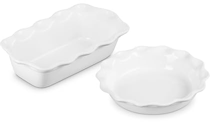 Le Creuset Stoneware Set of 2, 9 Heritage Fluted Pie and 9 Fluted Bread Dish, White
