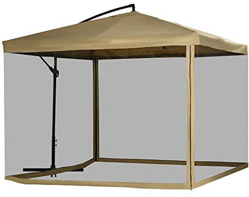 Outsunny Ombrellone Decentrato 3x3 m con Zanzariera, Tettuccio Regolabile, Base a Croce, Prese d'Aria e Manovella, Ombrellone da Giardino Inclinabile in Acciaio e Poliestere, Beige