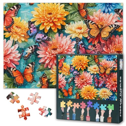 Puzzles for Adults 1000 Pieces, Chrysanthemum and Butterflies Jigsaw Puzzle, Flowers Jigsaw Puzzles, Challenging Game Home Decor Birthday Party Gift Toy for Adults Seniors 20X27 INCH