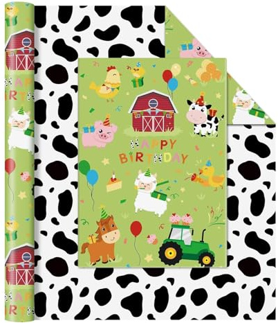 WERNNSAI 1 Rolle Bauernhof Geschenkpapier 10m x 43cm Kuhmuster | Bauernhoftieren Geburtstagsparty, Traktor Geschenkverpackung für Kinder Baby