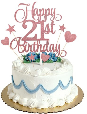 21st Happy Birthday Cake Topper Rose Gold Glitter,Personalised Cake Toppers for Men Boys Women Girls Birthday Party Cake Decorations Kit with Star Heart Cupcake Topper