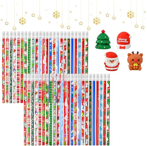 FuxFuis 48 Pz Matite di Natale con Gomme in 24 Stili, Matite e Gomme Regalo Festa Bambini, Pensierini Natalizi Bambini, Set di Matita in Legno Gadget con 4 Temperamatite per Natale Calza Riempitivi