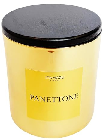 ITAMARU – Candela Profumata Natalizia Artiginale Panettone, in Cera di Soia 100%, con Stoppino in Legno, Vetro Oro e Coperchio in Legno Nero, 200g – Handmade in Italia | Regalo di Natale