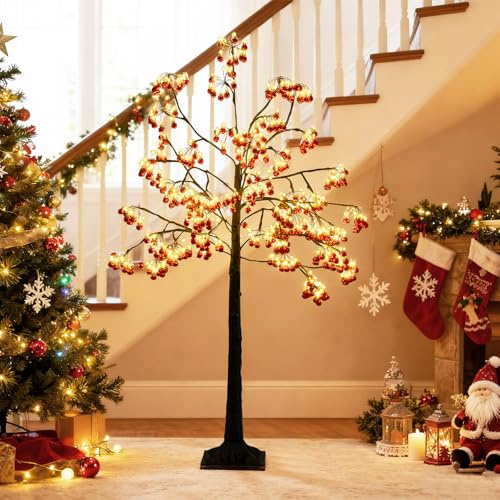 GYMAX Árbol Iluminado de Navidad de 150 cm, Lámpara de Árbol con 480 Luces LED, 384 Pelotas Rojas, Base de Simulación de Cepo, Decoración para Hogar, Oficina, Tienda, Año Nuevo