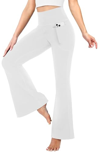 TNNZEET Slagbyxor, dam, hög midja med fickor, yogabyxor, utsvängda leggings, ogenomskinliga, bootcut, jazzbyxor, joggingbyxor för gym, sport, Vit, M
