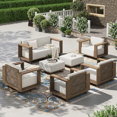 HERA'S HOUSE 8 Pieces Patio Furniture Set with Swivel Chairs, Outdoor Sectional Rattan Wicker Sofas with 10 Ultra Thick Cushion, Low Profile All Weather Couch Set with 5.3 Wide Armrest for Lawn Deck
