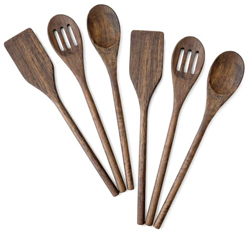 com-four® set utensilios cocina 6 piezas de madera de acacia – cuchara, espátula y cuchara ranurada – accesorios resistentes y suaves para sartenes y ollas (acacia de 6 piezas)