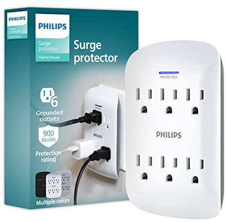 Philips 6-Outlet Extender Surge Protector, Wall Tap, 900 Joules, 3-Prong, Space Saving Design, Protection Indicator LED Light, ETL Listed, White, SPP3461WA/37