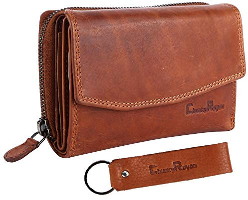 Chunkyrayan Echtleder Damen Geldbörse Hochwertig Vintage RFID Schutz inklusive Leder Schlüsselanhänger P GB-6 Brown