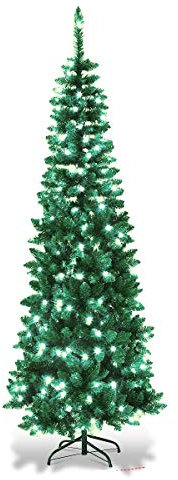 4Ft/1.2m Pre-Lit Artificial Slim Christmas Tree Green Pencil Tree, Pointed Tips, Metal Stand Cool White LEDs Lights Holiday Home Decorations