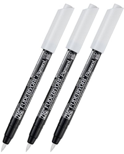 Kuretake ZIG FUDEBIYORI Pigment Lot de 3 stylos blancs laiteux pour lettrage, Illustlation, Certifié AP, pointe pinceau rigide flexible, efficace sur papier noir, qualité professionnelle, fabriqué au