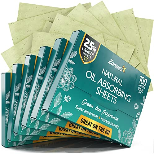 Natural Green Tea Oil Blotting Sheets - 25% Larger (4.7x3) - 600 Makeup Friendly Papers for Face - Easy Dispensing Oil Absorbing Sheets