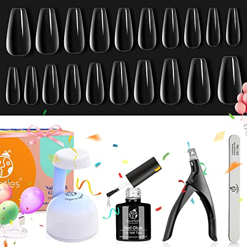 Beetles Easy Gel Tips Nail Extension Kit - Medium Coffin Pre-shaped | with 2 in 1 Glue Base Coat, UV LED Lamp, Acrylic Clipper for DIY Manicure Art