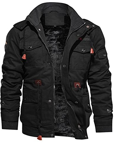 Vestes Cargo en Polaire Homme Blouson Aviateur Militaire en Coton Manteau Coupe-Vent Hiver Epaisse et Chaude Noir L