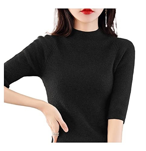 DEETEN Kaschmirpullover Damen Kurzarm Pullover Damen Pullover Kurzarm Slim Fit Strickoberteil (Color : Black, Size : M)