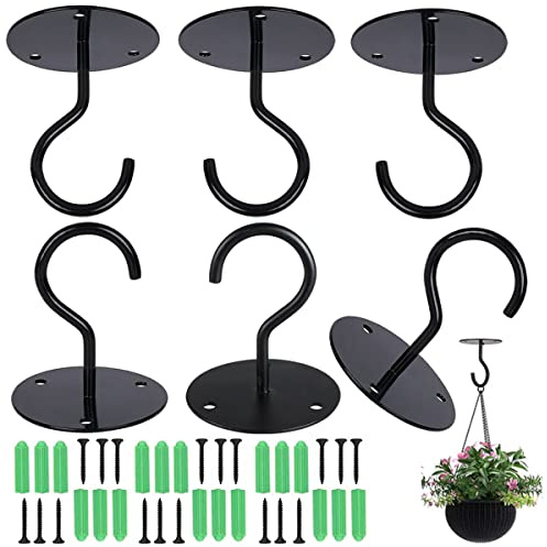 HZSOOCH 6Pcs Wall Mount Ceiling Hook, Metal Plant Bracket, Heavy Duty Hanging Hooks with Screws for Hanging Planters,Bird Feeders, Lanterns, Wind Chimes, Outdoor Decoration, Black
