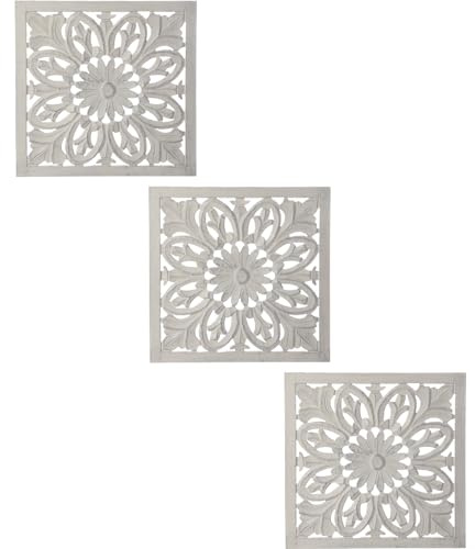 MARRAKESCH 3er Set Wandbild Wanddeko aus Holz 40cm Gross Ornament Adarsch Shabby Weiss als Orientalische Dekoration