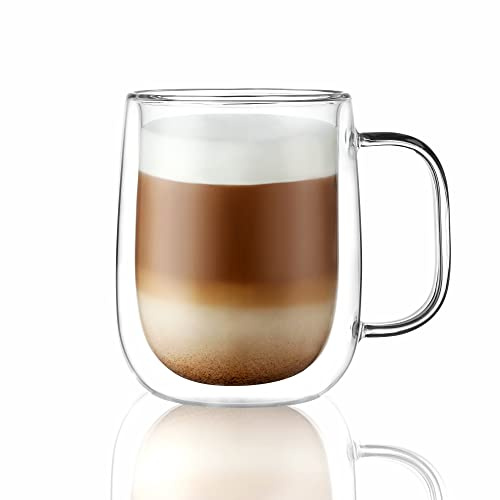 CNGLASS Große doppelwandige Glas-Kaffeetasse 450ml/15.2oz klare Isolierglas-Espressotasse mit großem Griff, 1er-Set