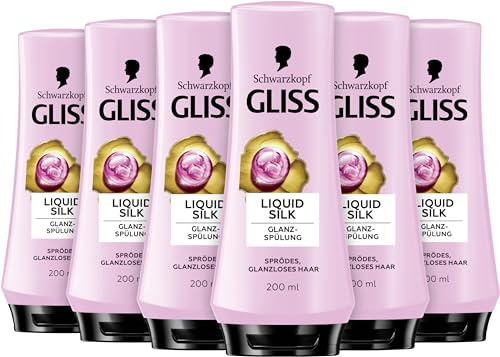 Gliss Acondicionador Liquid Silk (6 x 200 ml), Acondicionador de pelo con ceramida y seda que cuida el cabello quebradizo y sin brillo intenso, acondicionador para el cabello como la seda