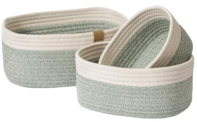 LA JOLIE MUSE Small Cotton Woven Storage Baskets, White & Green, 3 Pack | Decorative Organizer Bins & Baskets for Shelves, Living Room Bathroom Storage, Nursery, Closet, Cabinet, Toy, Home Essentials