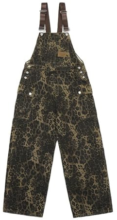 COOLMONAR Women's Y2K Leopard Print Jeans Overall Chic Streetwear Baggy Wide Leg Jumpsuit Retro Hip Hop Loose Trouser