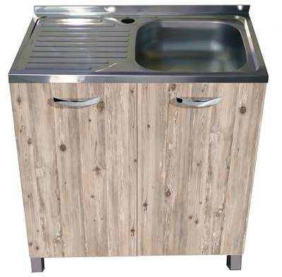 MABEL Mueble bajo fregadero de cocina con nudo organizador de madera ennoblecida con fregadero de apoyo de acero bañera a la derecha con escurridor – L 80 cm x P 50 cm x H 83,5 cm