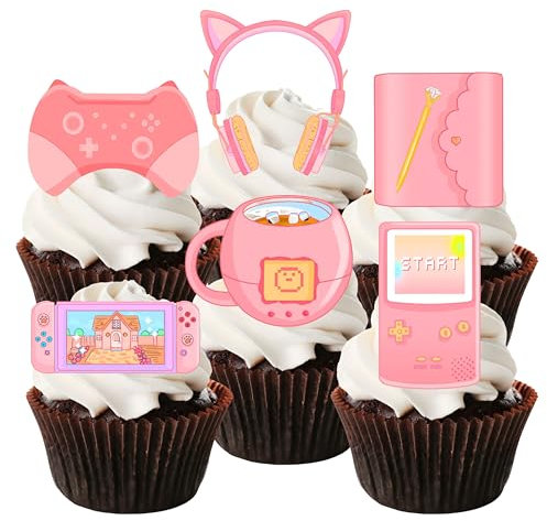 Gaming Cupcake Toppers Essbare Gamer Girl Kuchen Dekorationen Essbare Videospiel Party Dekorationen Rosa Gaming Controller Cake Toppers Niedliche Spielkonsole Cupcake Toppers (Vorgeschnitten, 24)