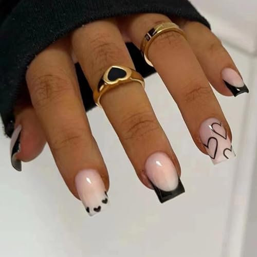 Hebterrka 24 Stück FranzöSische Spitze, Kurze & Quadratische KüNstliche NäGel, Schwarze AcrylnäGel mit WeißEm Herz Design, für VollstäNdige Abdeckung
