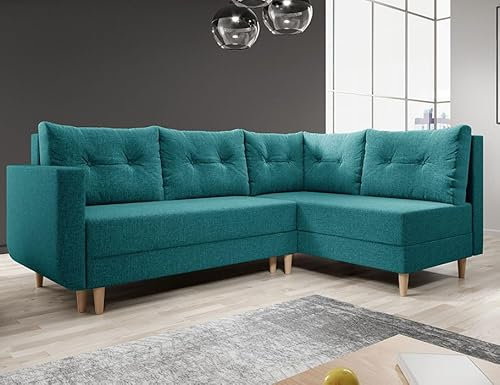 Easy4You Ecksofa Baldur L-Form Türkis – 235x93x145 cm - Schlafsofa mit Bettkasten und Schlaffunktion - Eckcouch mit Stauraum, Holzfüße und Kissen – Links – Stoff Lux 30