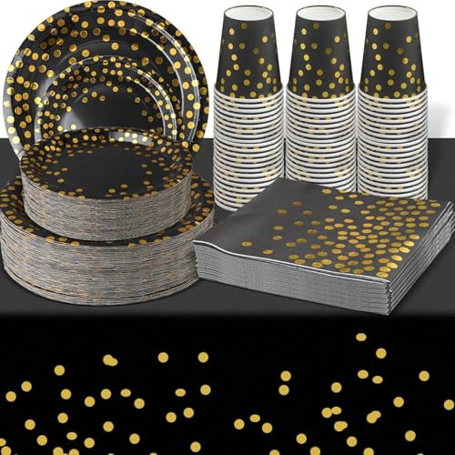 201 piezas de suministros de fiesta negros y dorados, juego de vajilla de papel desechable que incluye platos y tazas de lunares dorados, servilletas y mantel de plástico para fiestas de cumpleaños