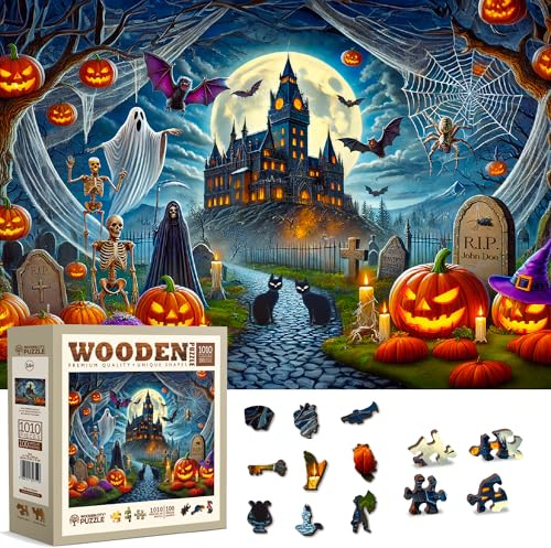 WOODEN.CITY Wooden Jigsaw Puzzles for Adults - Challenging 1000 Piece Halloween Puzzle, Unique Puzzles for Adults, 1000 Piece Jigsaw for Puzzle Enthusiasts (Ghostly Pumpkin Night)