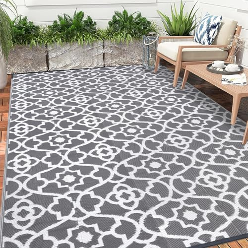 Enyhom Outdoor Teppich Wetterfest 240 x 300 cm, Wendbarer Bodenmatte Kunststoff Terrassenteppich Außenteppich UV-beständige RV Camping Balkon Teppich für Patio Strand BBQ Picknick, Grau