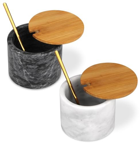 2 Sets Marble Salt Cellar Box with Bamboo Lid & Metal Spoon, Modern Stone Salt or Pepper Sugar Spice Seasoning Bowl Container Jar Holder Well Keeper Dish Pig Crock for Kitchen (White and Dark Grey)