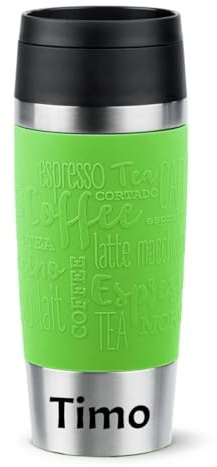 Isolierbecher mit Gravur (zB Namen) 360ml TRAVEL MUG Manschette limette/grün, personalisierter Thermo-Kaffeebecher/Teebecher