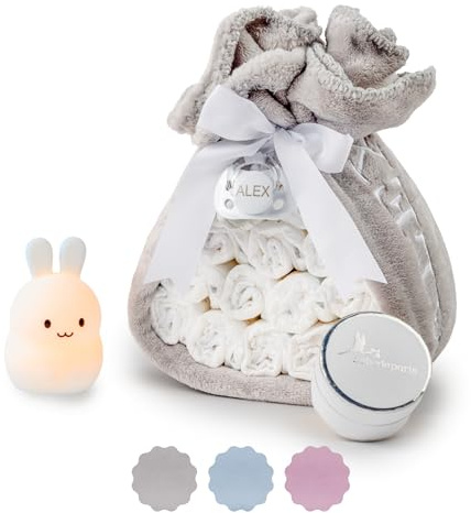 Tarta de Pañales con Lámpara Luz Nocturna Bebé | Manta Polar Personalizada + Chupete + 15 Pañales Moltex | Regalo Recién Nacido Baby Shower Nacimiento (Neutro) | BebeDeParis
