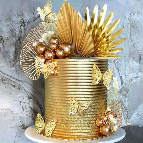 JeVenis Gold Tortendekoration Goldkugeln Kuchendekoration Gold Palmblätter Tortenaufleger Böhmische Weißgoldkugel für Hochzeit Geburtstag Geburtstag Jahrestag
