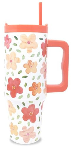Steel Mill & Co - Vaso de acero inoxidable de 40 onzas con tapa y asa, botella de agua aislada/térmica de viaje, vaso grande, floral audaz
