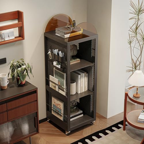 Libreria in metallo con ruote per piccoli spazi, mobile e girevole, ad angolo, per casa o ufficio, scaffale creativo in ferro a scaletta alta e stretta, colore nero (139 cm)
